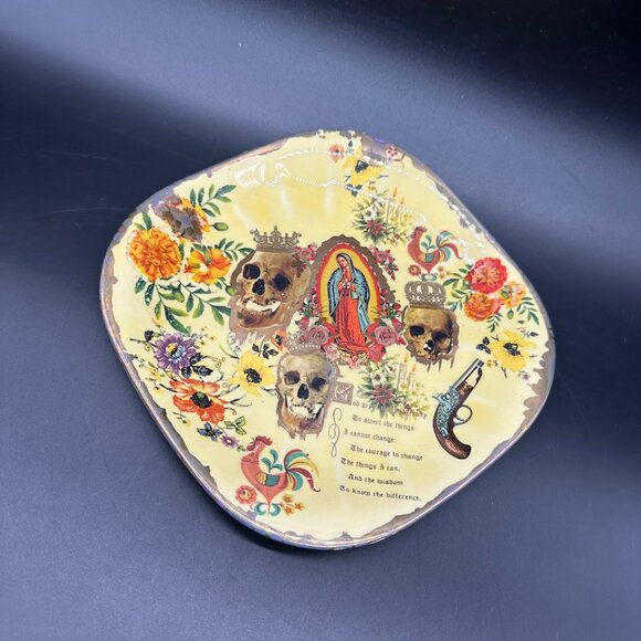 Vintage Decorative Plate Serenity Prayer Lady Of Guadalupe Skulls Floral Yellow - Picture 1 of 10